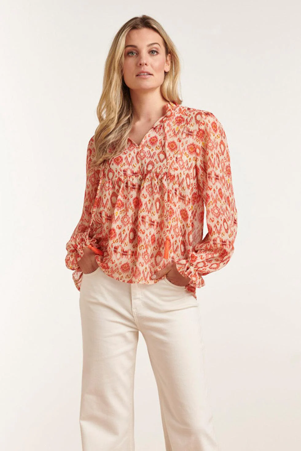 23028 Losvallende Top Met Pofmouwen - Aztec Printbrique | Muticolour - Image 3