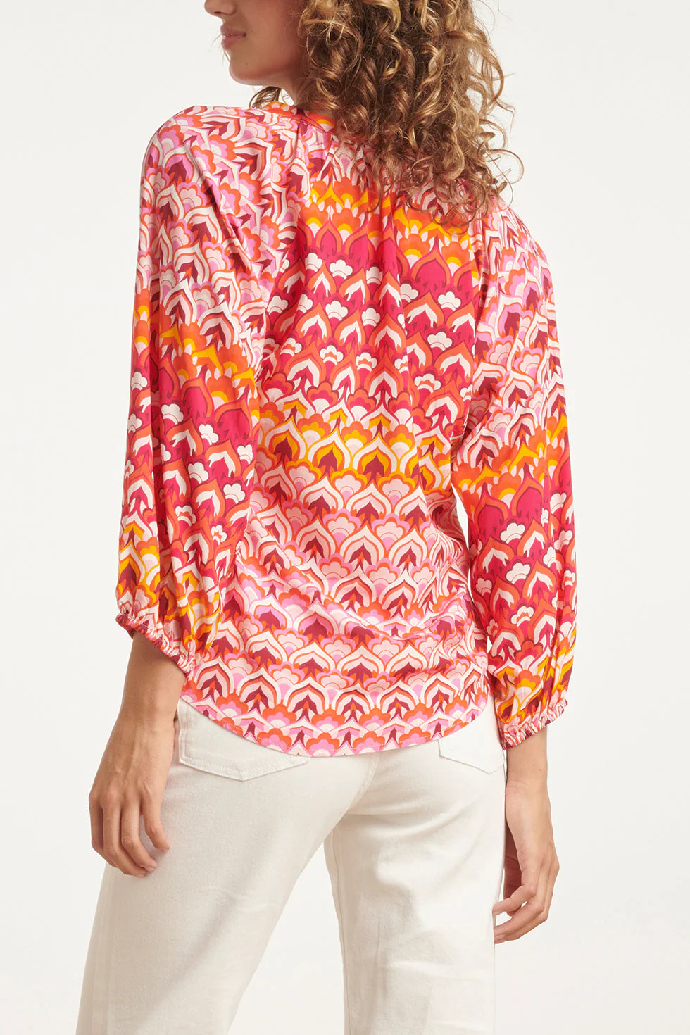 24004 Retro Print V-Hals Top Met Ballonmouw | Pink - Muticolour - Image 5
