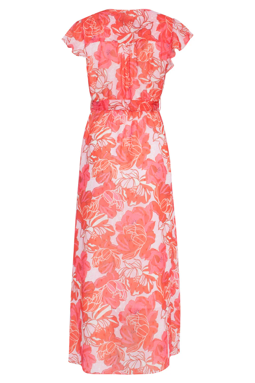 24008 Bloemenpracht Chiffon Jurk Met Ruchesceintuur | Pink - Red - Image 7