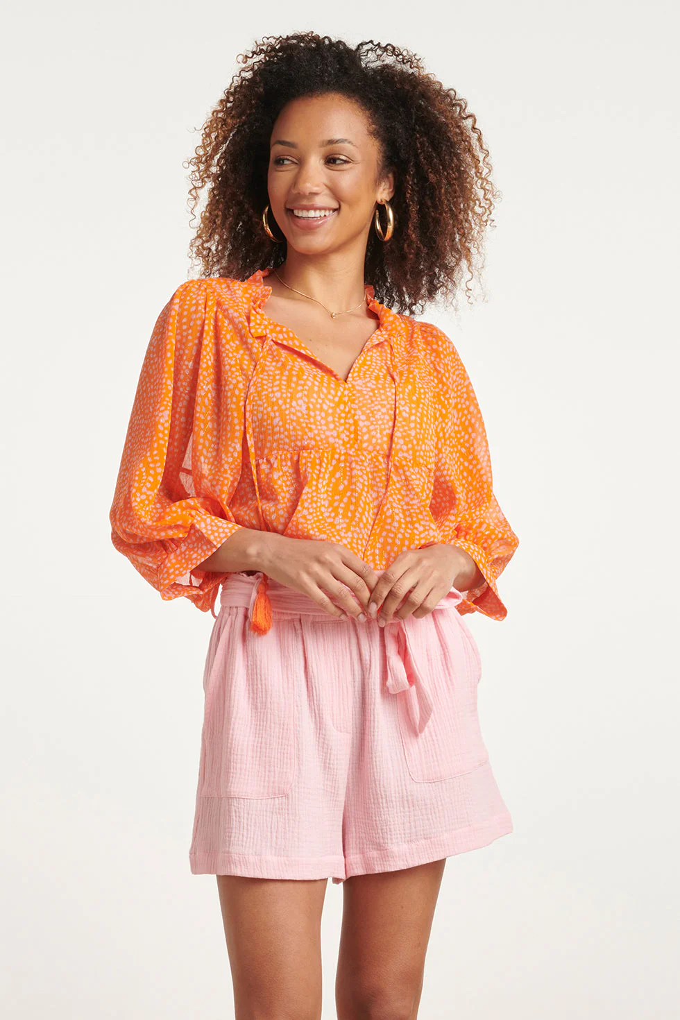 24017 Polka Dot Chiffon Top | Orange - Pink
