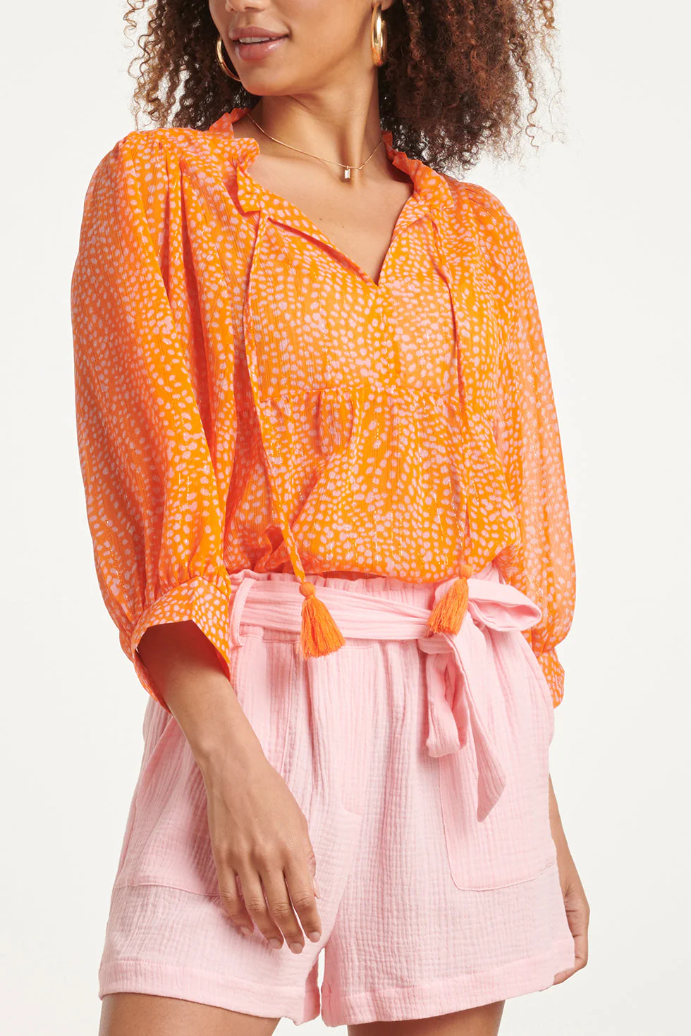 24017 Polka Dot Chiffon Top | Orange - Pink - Image 3