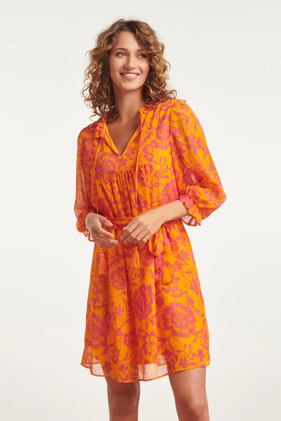 24024 V-Hals Chiffon Jurk Met Ballonmouwen | Orange - Fuchsia