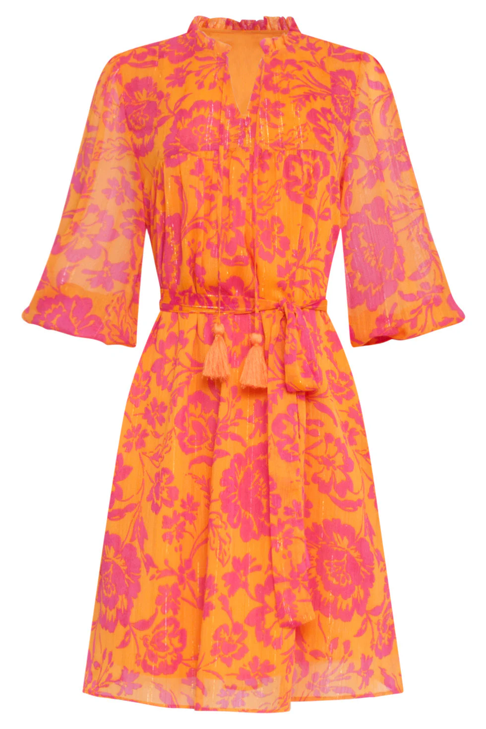 24024 V-Hals Chiffon Jurk Met Ballonmouwen | Orange - Fuchsia - Image 2