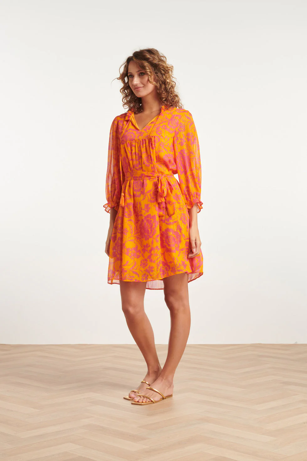 24024 V-Hals Chiffon Jurk Met Ballonmouwen | Orange - Fuchsia - Image 4