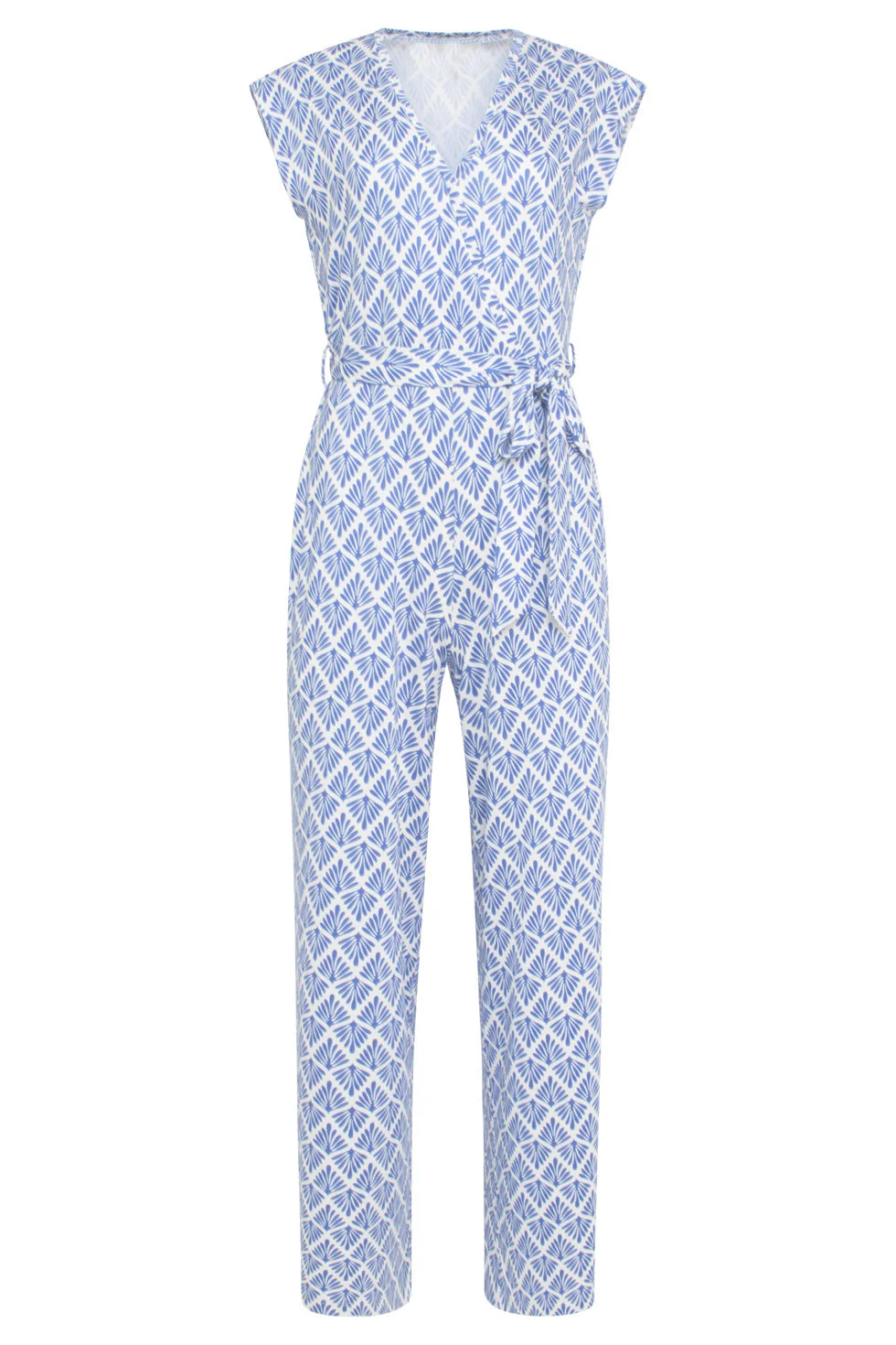 24033 Wikkelstijl Jumpsuit  Met Ornament Print | Cobalt - White - Image 2