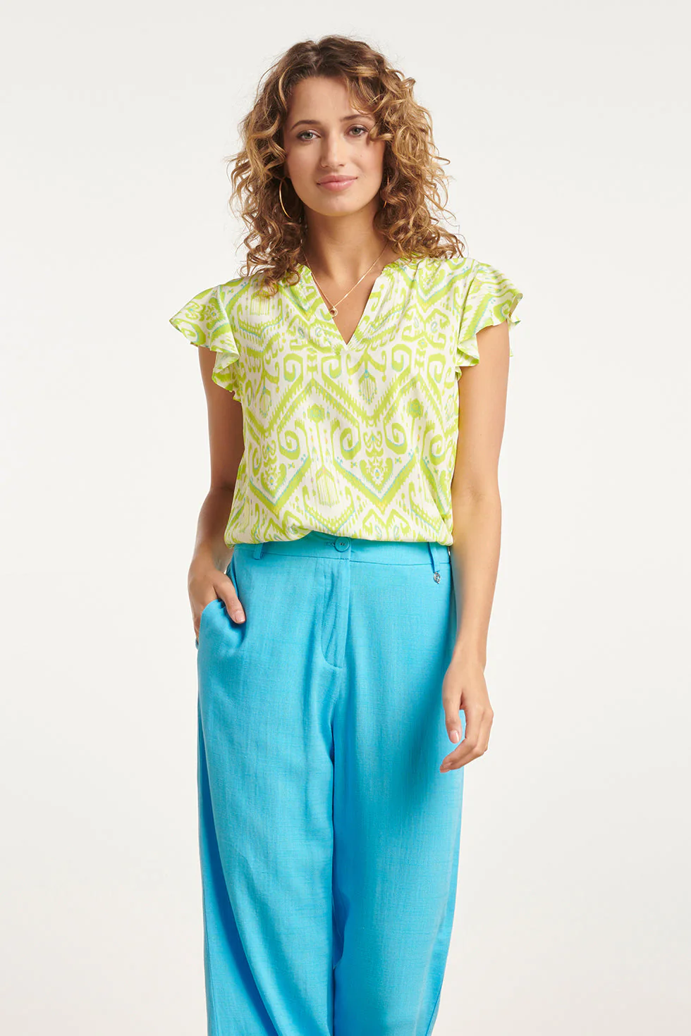 24037 Flowy Lime Zomertop | White - Lime
