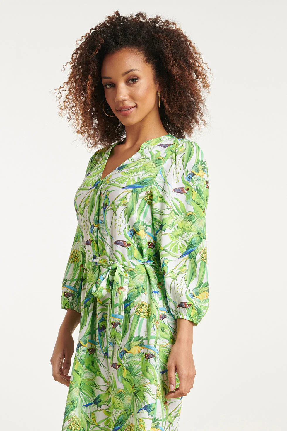24058 Bird Print Jurk Met V-Hals | White - Light Green - Image 4