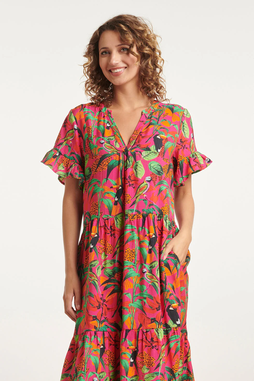 24059 Fuchsia Midi Jurk Met Jungle Print | Fuchsia - Muticolour - Image 4