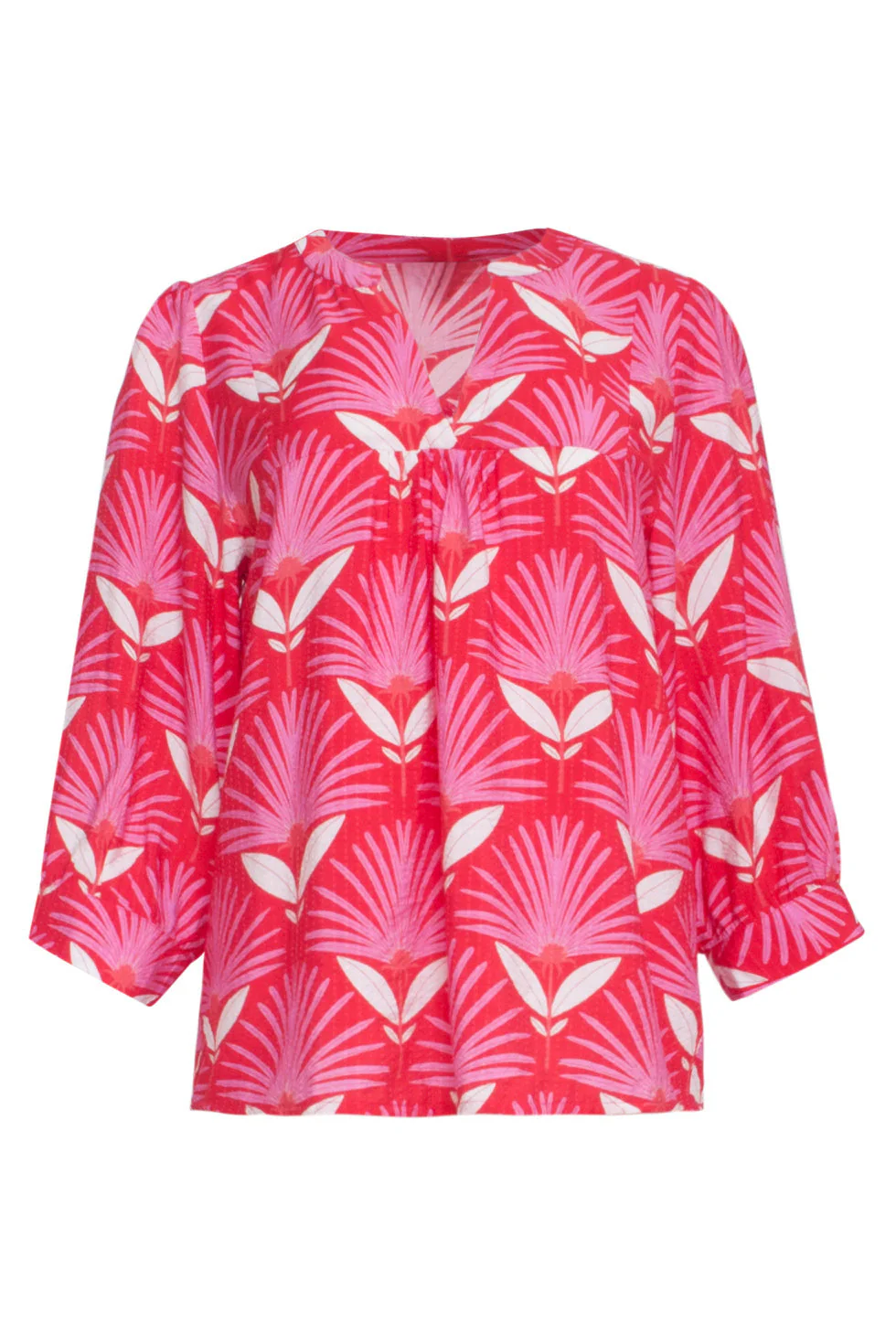 24068 Retro Bloemenprint Top Met 3/4 Mouwen | Red - Pink - Image 2