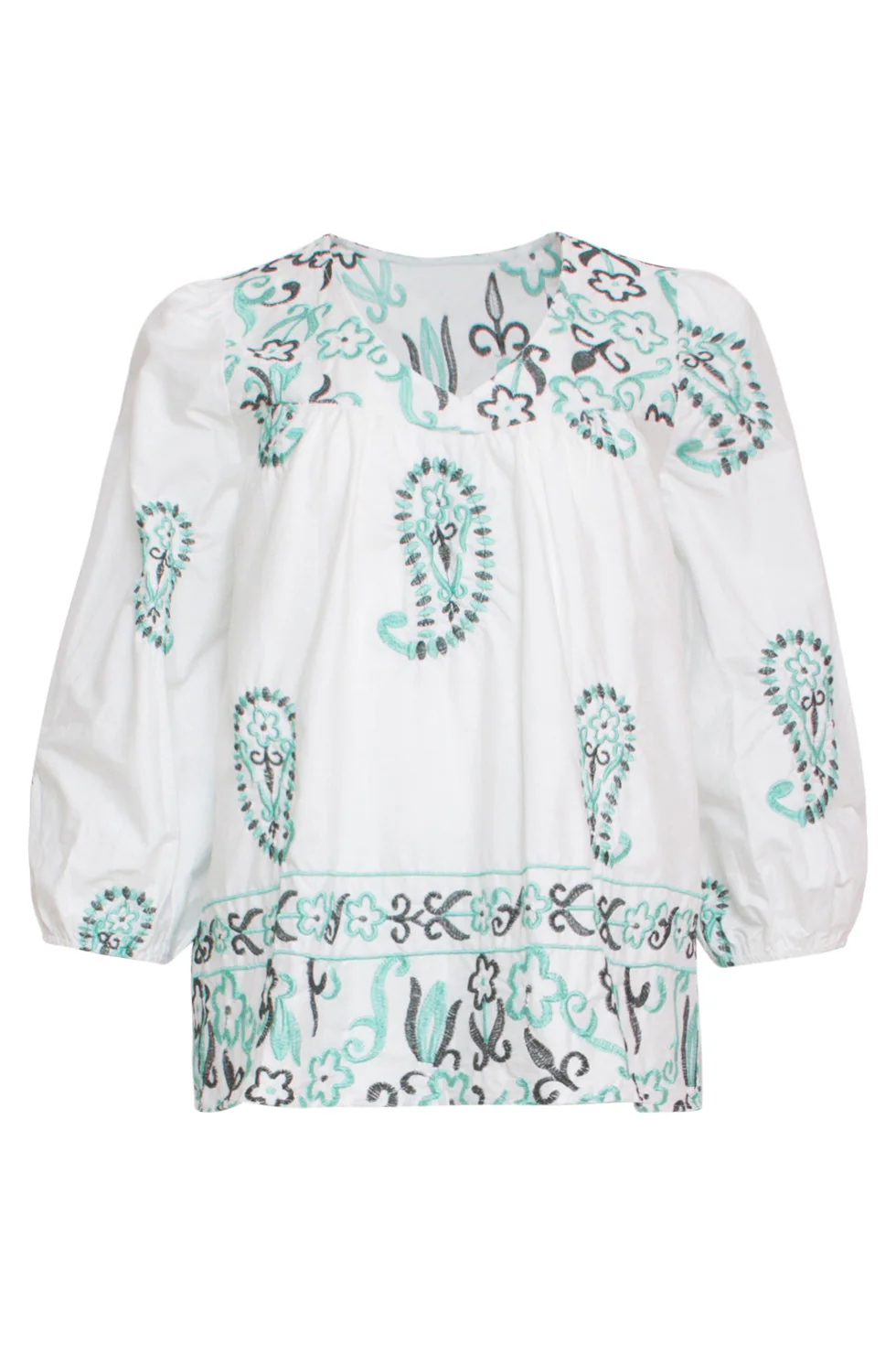24076 Te Top Met Paisley Borduurwerk | White - Green - Image 2