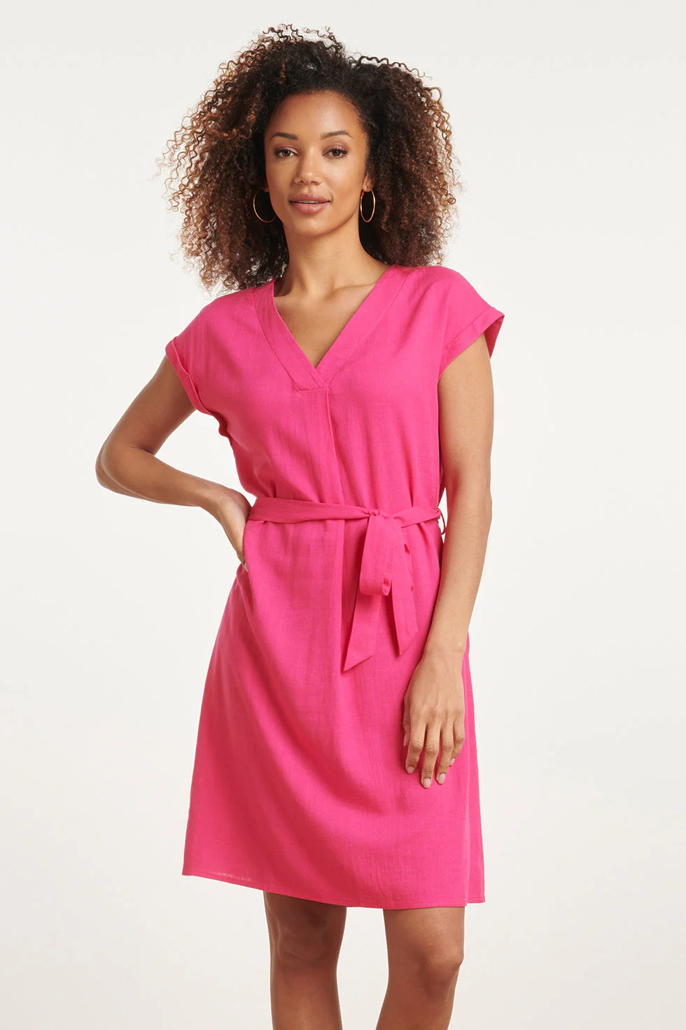 24087 Losvallende Linnen Jurk Met V-Halsriemfuchsia | Fuchsia