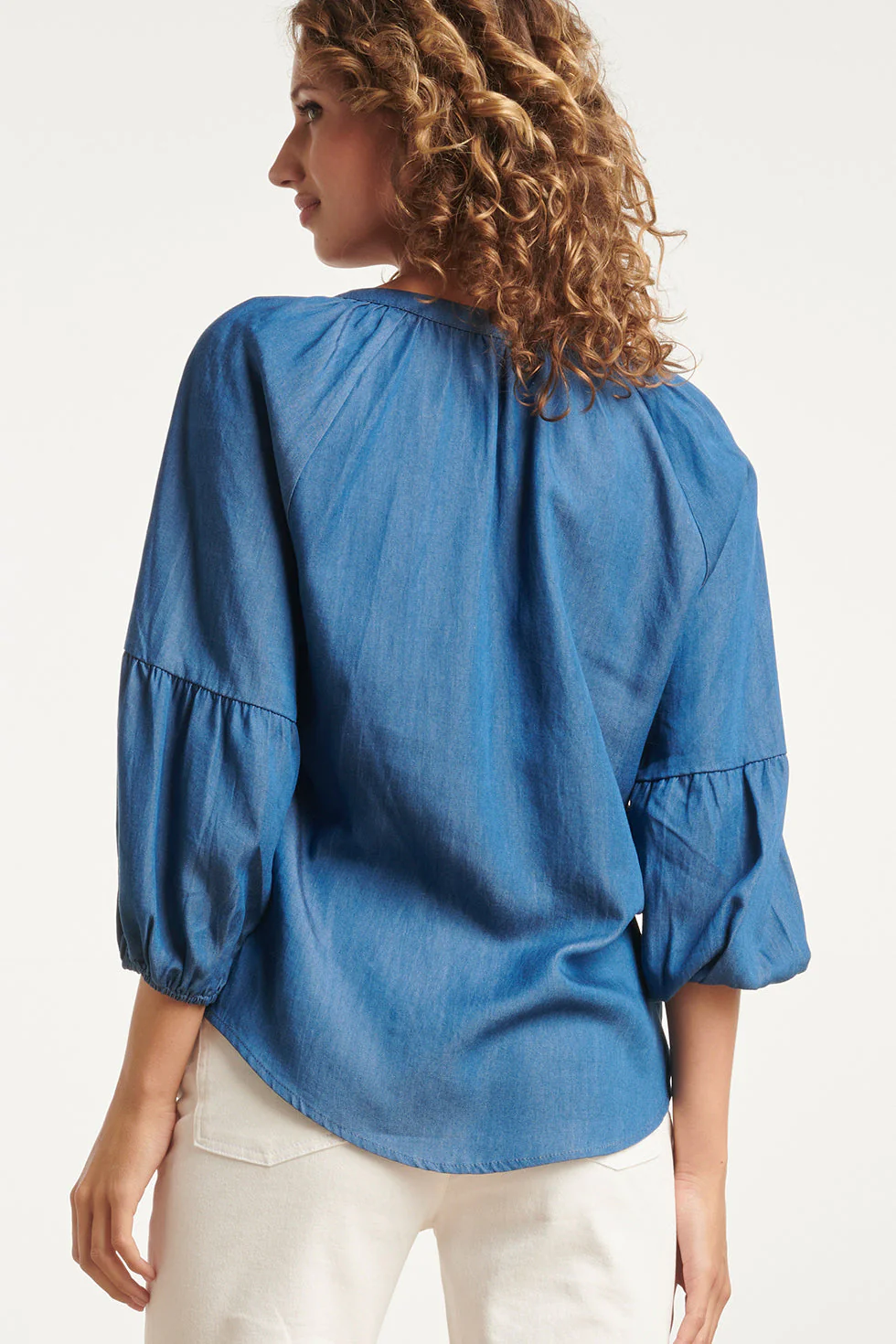 24095 Denim Look Top Met V-Halspofmouwen | Medium Blue Denim - Image 5