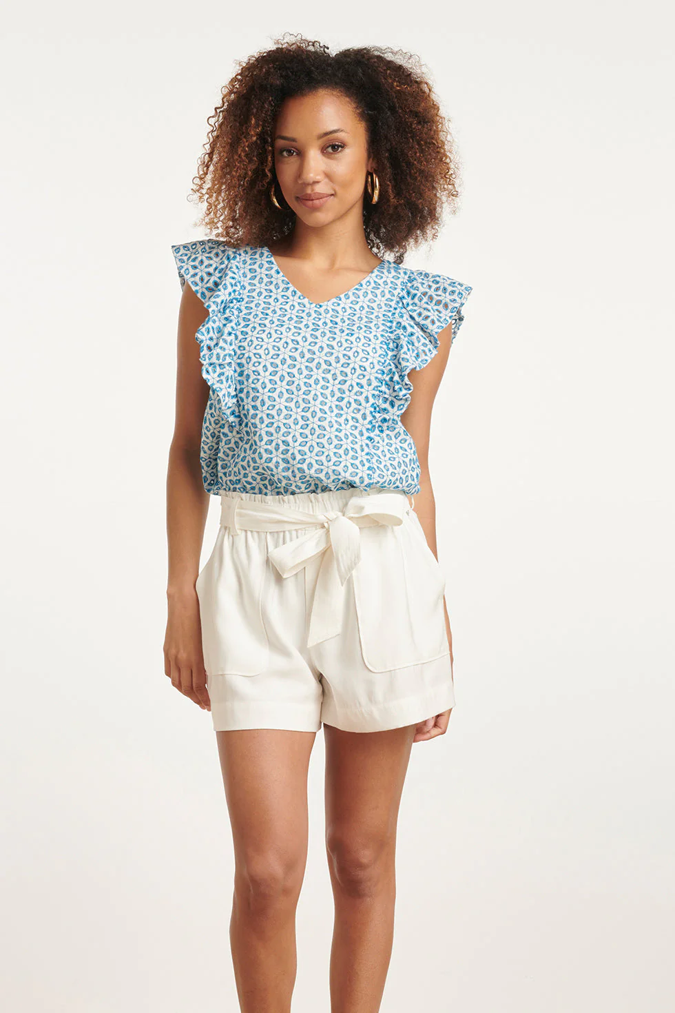 24109 Bloemen Brie Anglaise Zomer Top Met Ruches Hemels | White - Blue