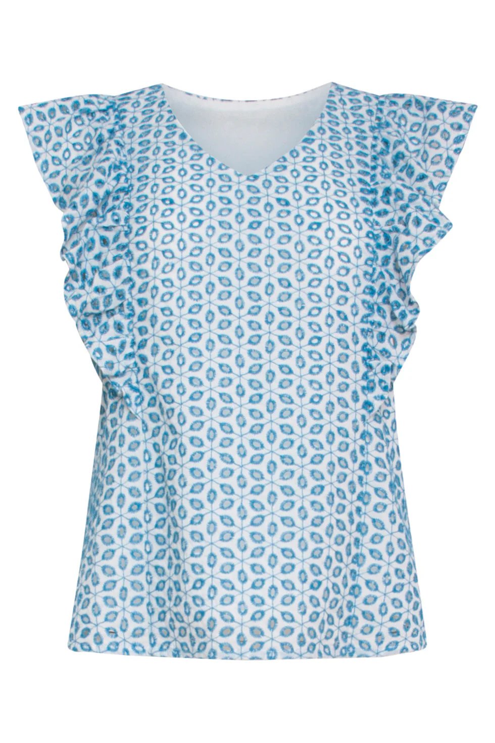 24109 Bloemen Brie Anglaise Zomer Top Met Ruches Hemels | White - Blue - Image 2
