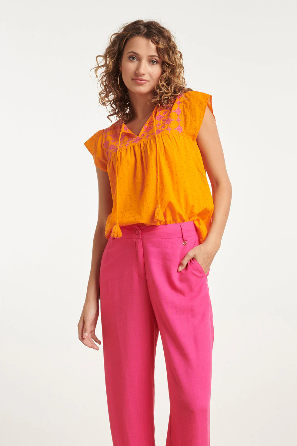 24127 Vrolijke Korte Mouwen Top | Orange - Fuchsia - Image 3