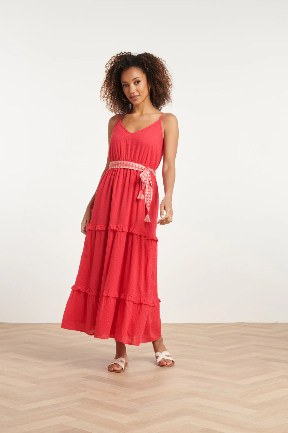 24132  Katoenen Dobby Maxi Jurk Met Spaghettibandjes | Red
