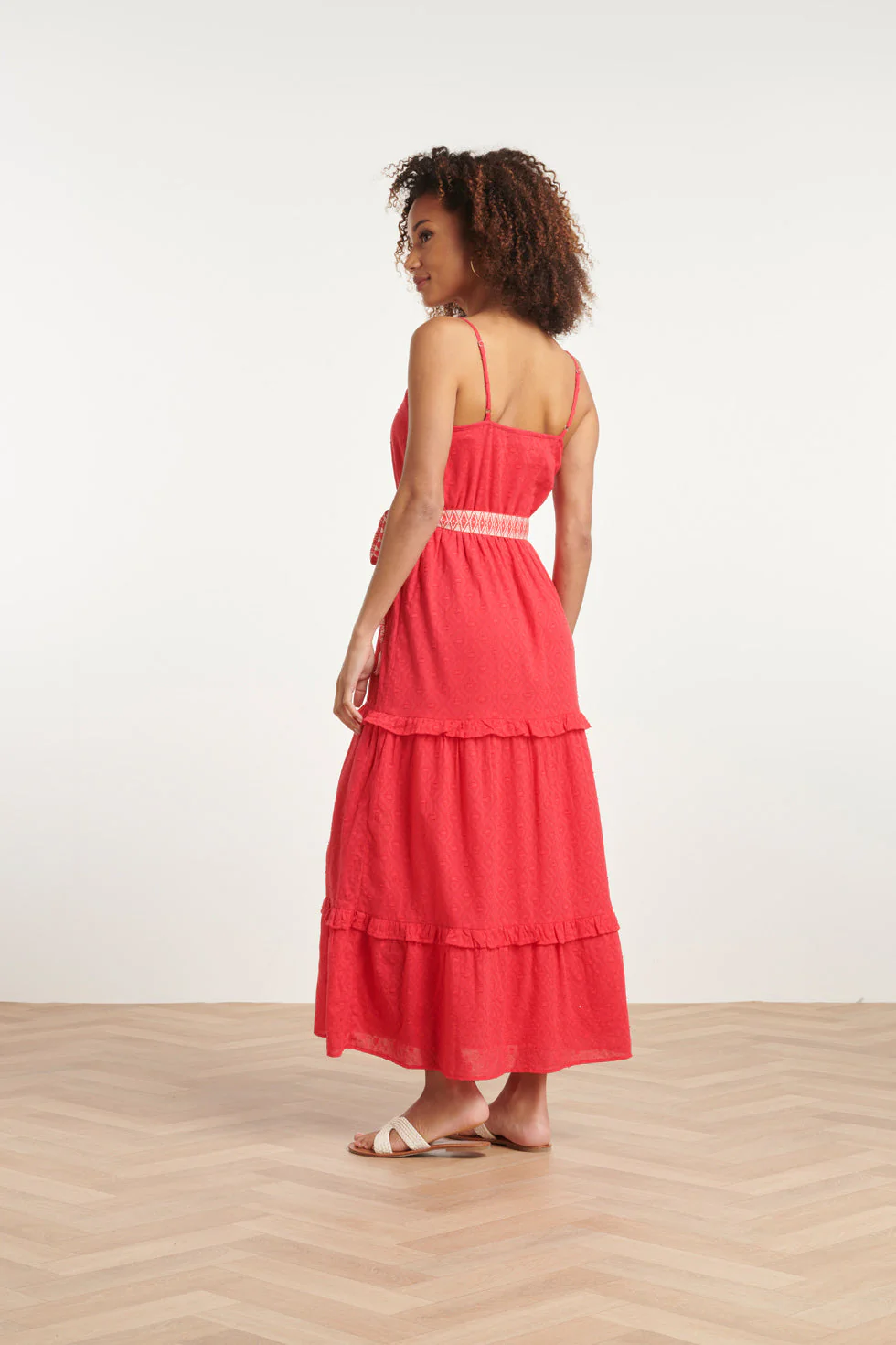 24132  Katoenen Dobby Maxi Jurk Met Spaghettibandjes | Red - Image 5
