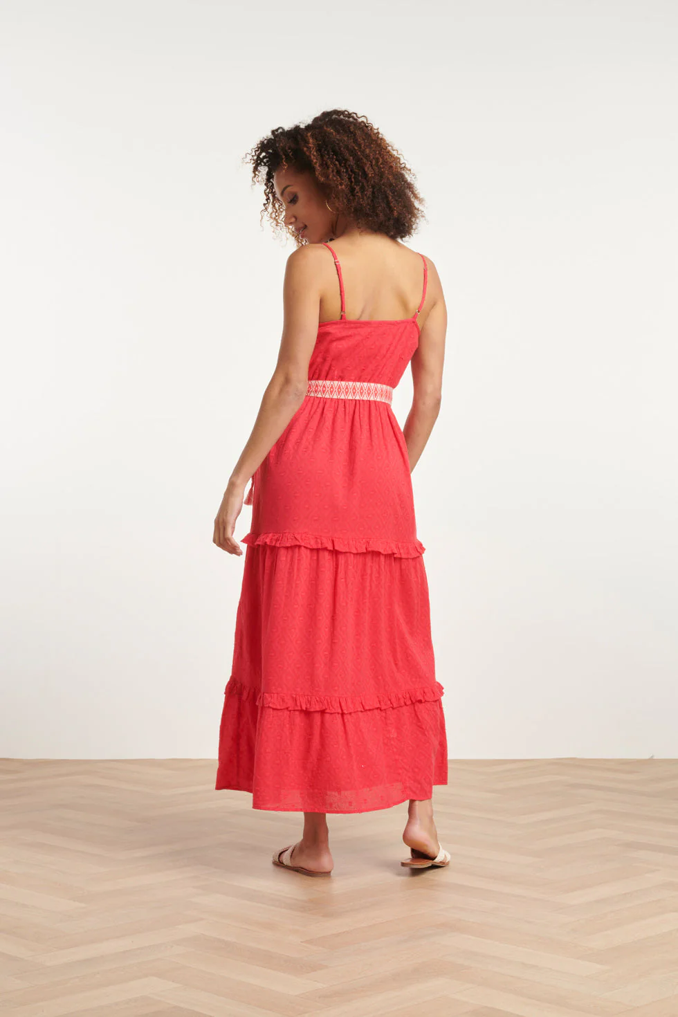 24132  Katoenen Dobby Maxi Jurk Met Spaghettibandjes | Red - Image 6