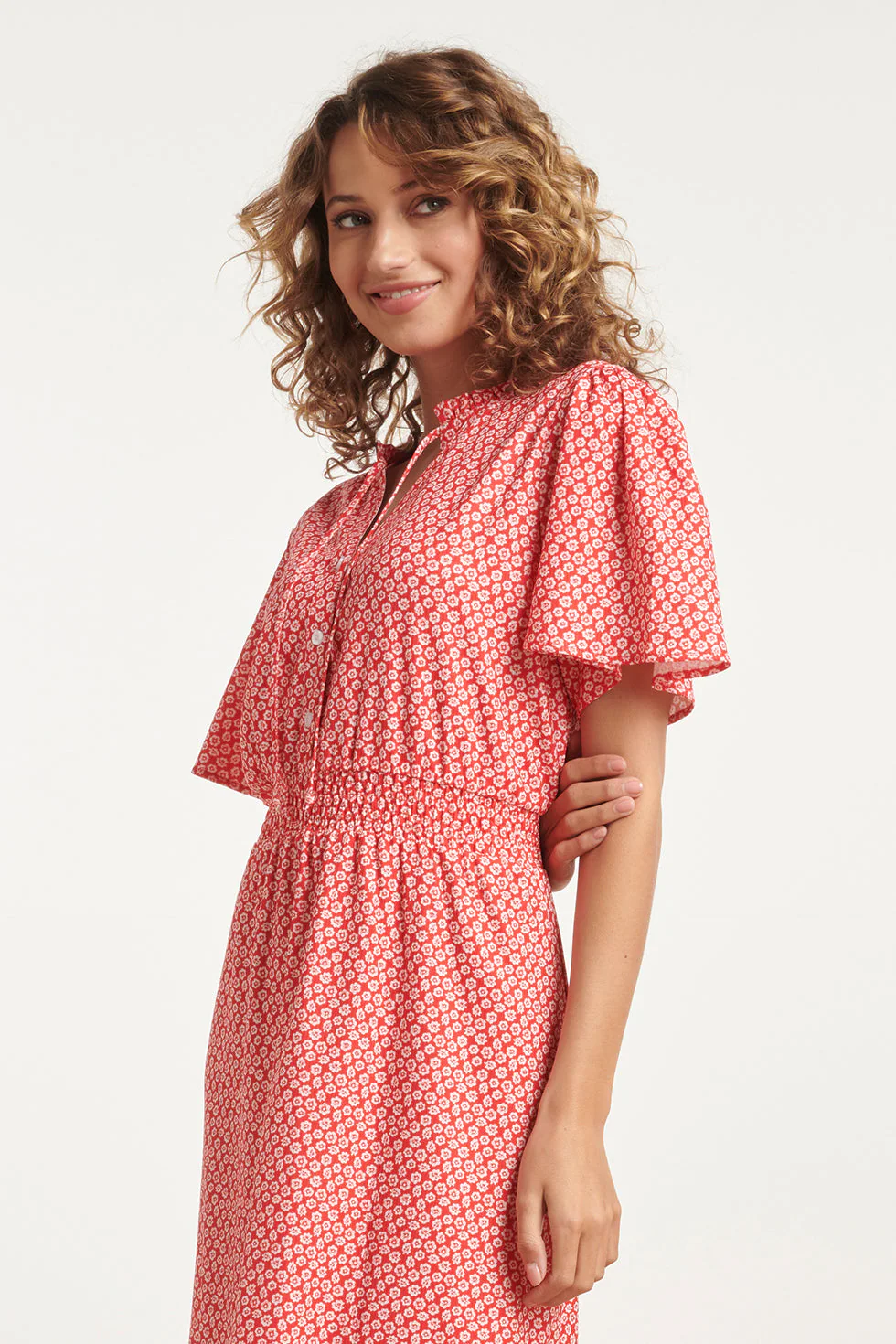 24177  Midi Jurk Met Knoopsluitingsmok | Red - White - Image 3