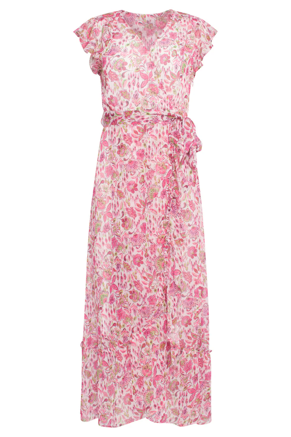 24307 Wikkelstijl Maxi Jurk Van Chiffon Met Fuchsialime Bloemenprint | White - Muticolour - Image 2