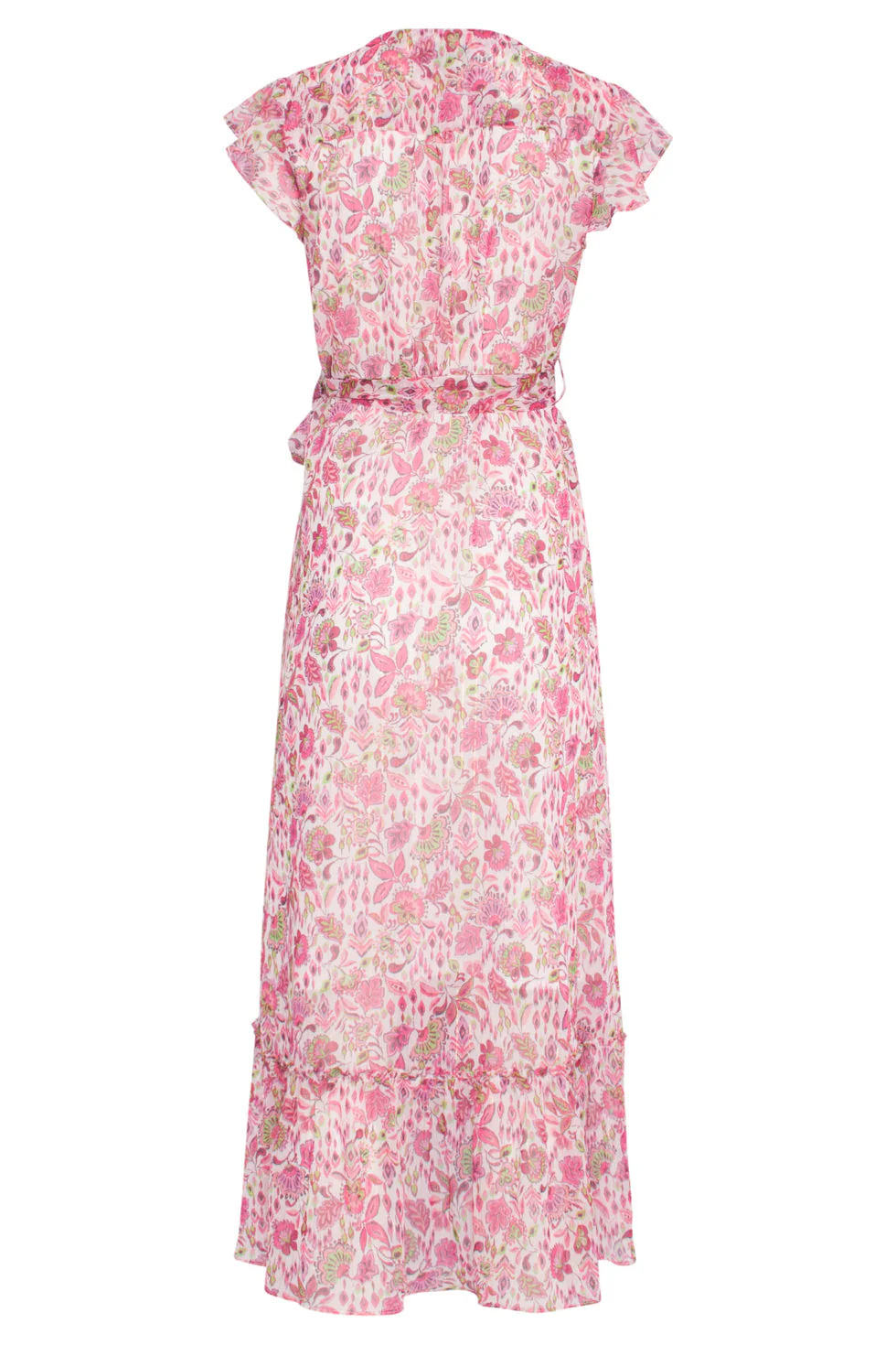 24307 Wikkelstijl Maxi Jurk Van Chiffon Met Fuchsialime Bloemenprint | White - Muticolour - Image 7