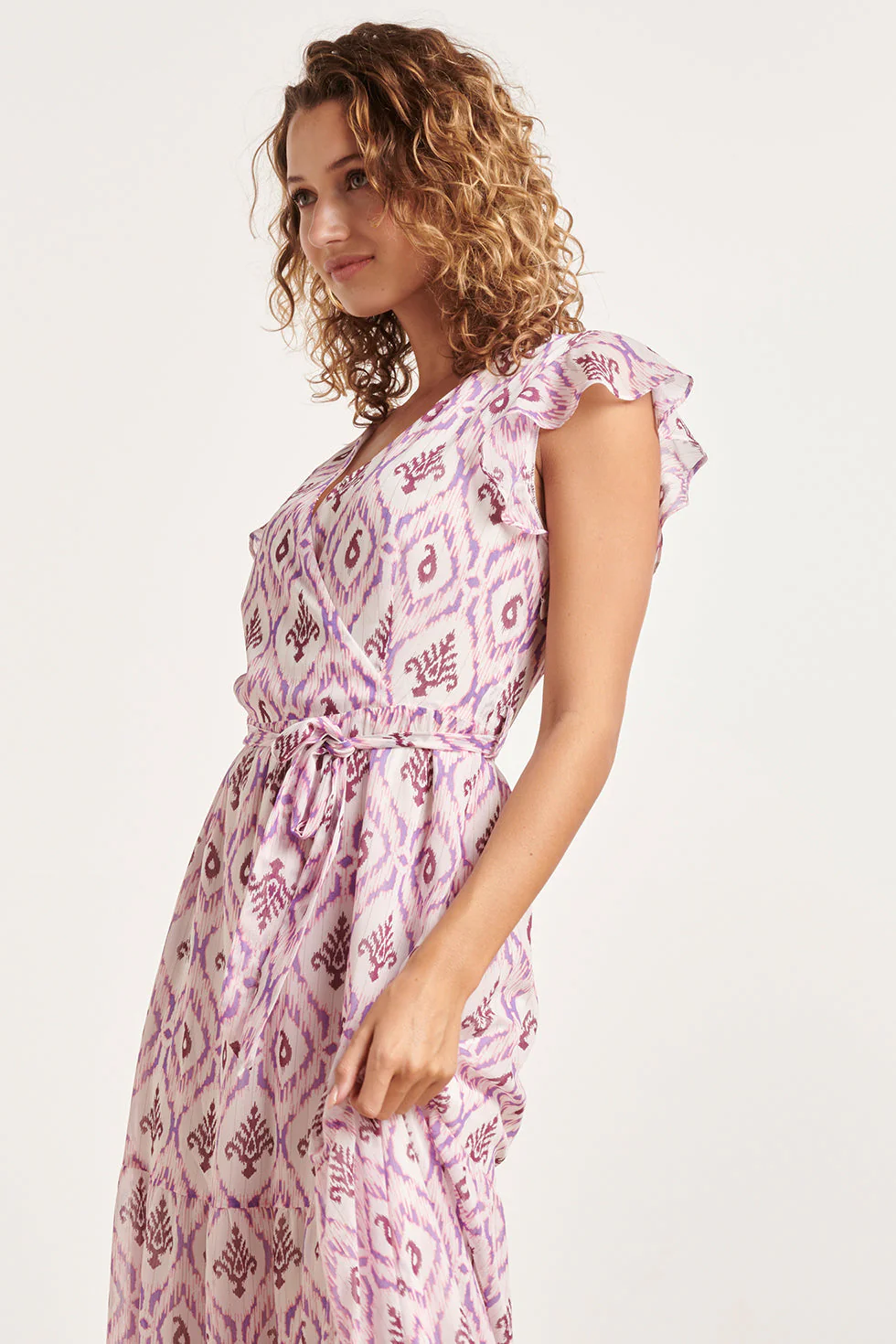 24324 Maxi Wikkelstijl Jurk Met Vrouwelijke Aztekenprint | White - Purple - Image 4