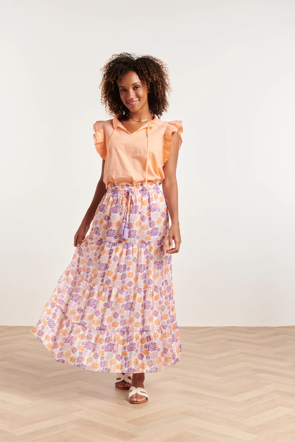 24352 Zachte Perzike Top Met Dubbele Ruchesmouwen | Orange - Image 3