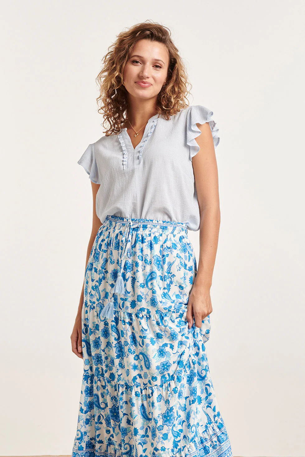24359 Dames Korte Ruffle Mouw Baby Top | Light Blue