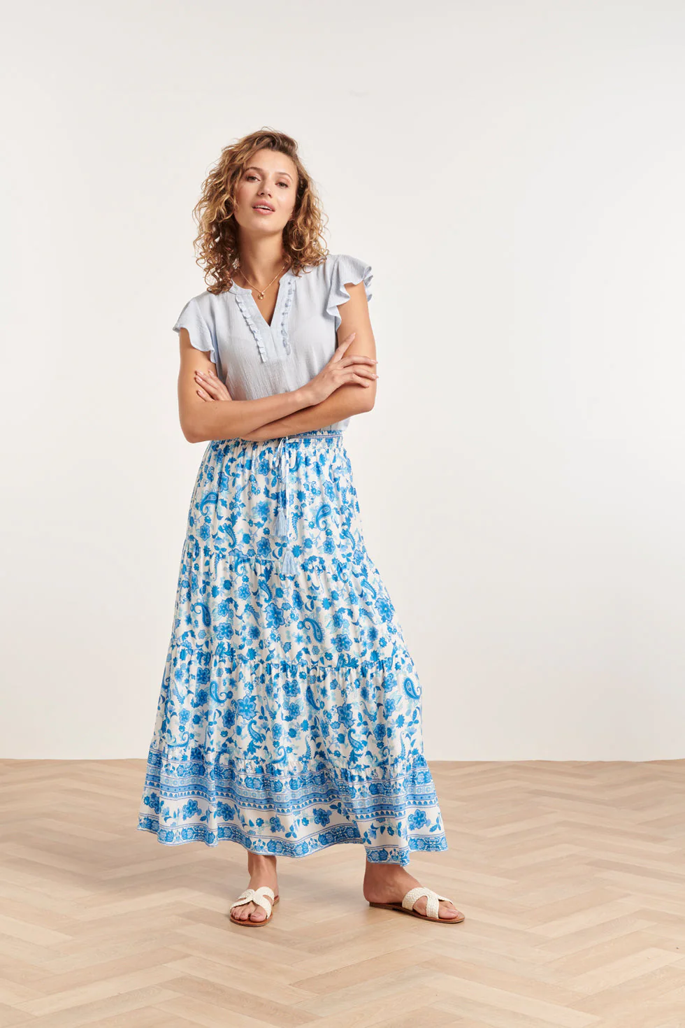 24359 Dames Korte Ruffle Mouw Baby Top | Light Blue - Image 3