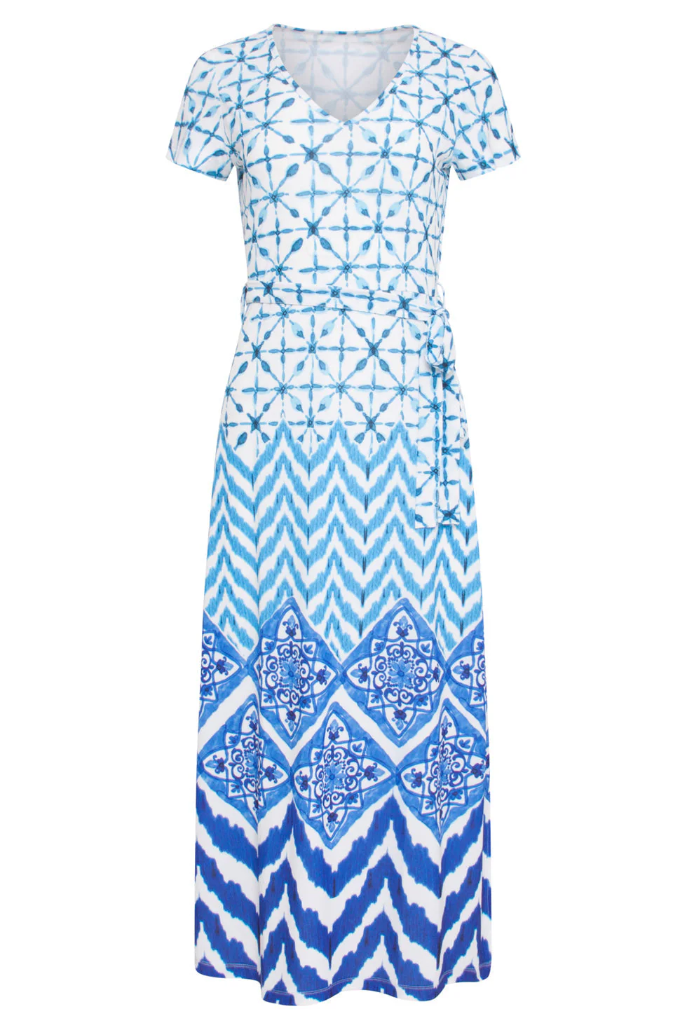 24360 Dames Maxi Te Jurk Met Ornamentaal Print | Off White - Blue - Image 2