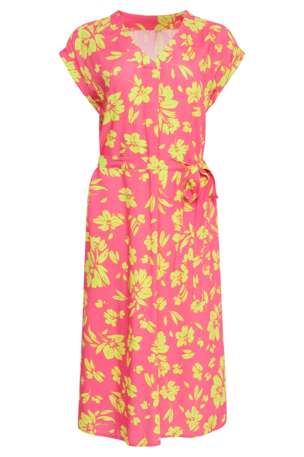 24371 Dames Fuchsia Jurk Met Allover Lime Bloemenprint | Lime - Pink - Image 2