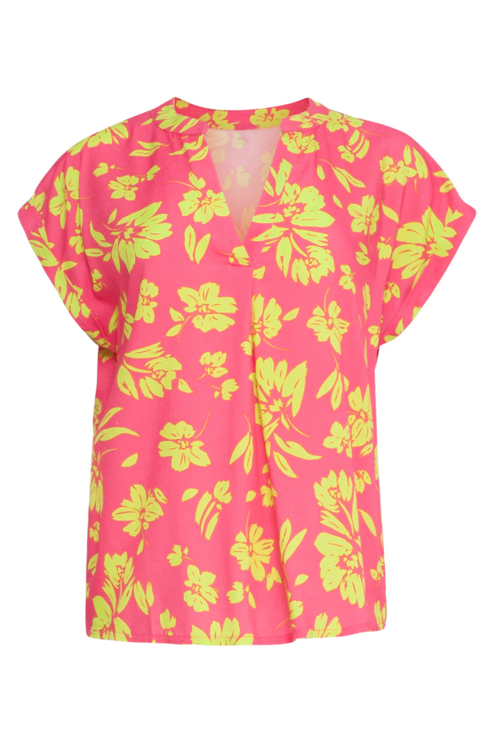 24372 Dames Fuchsia Top Met Allover Lime Bloemenprint | Lime - Pink - Image 2