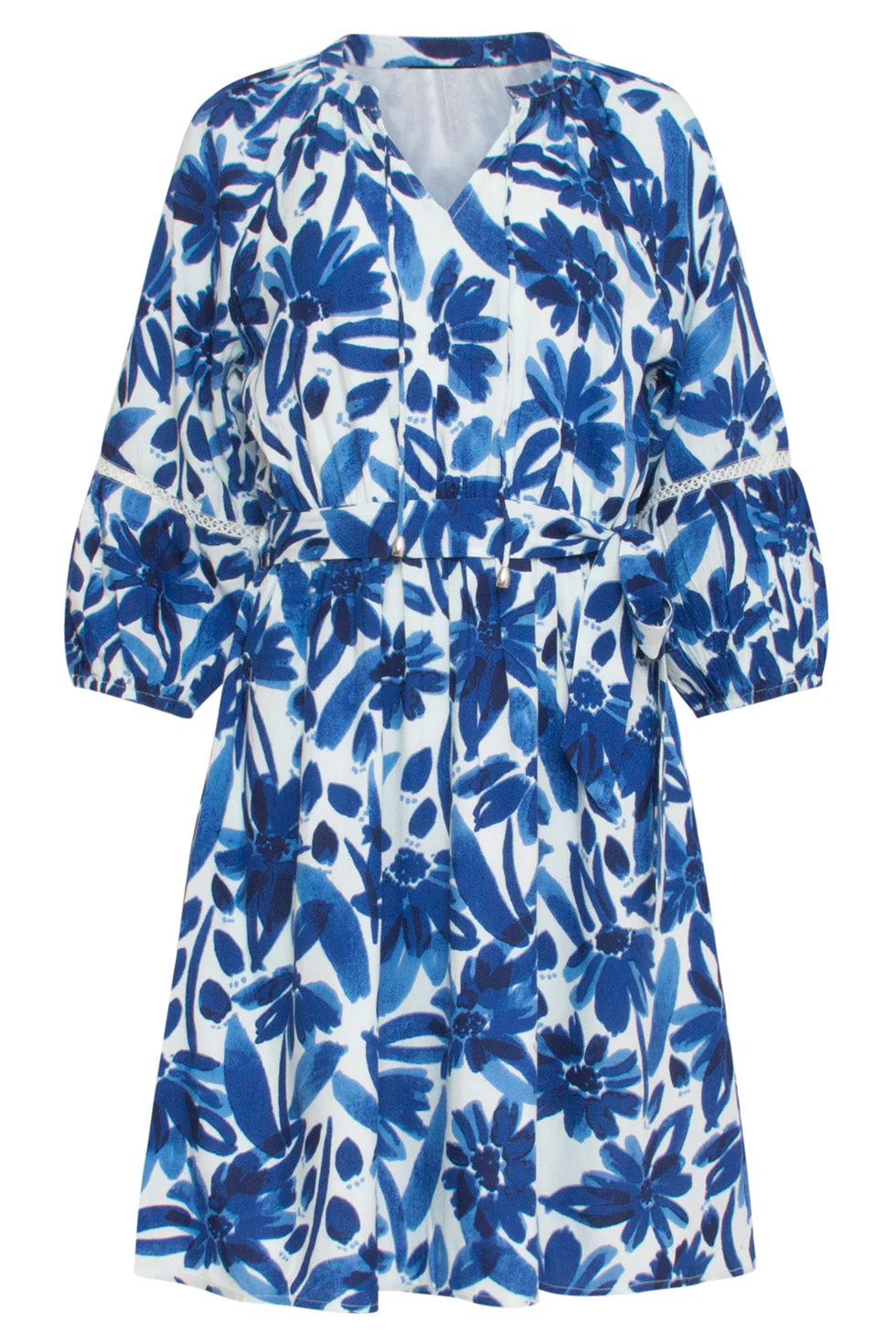 24377 Dames Jurk Met Bloemenprintcrochet Detail | White - Blue - Image 2
