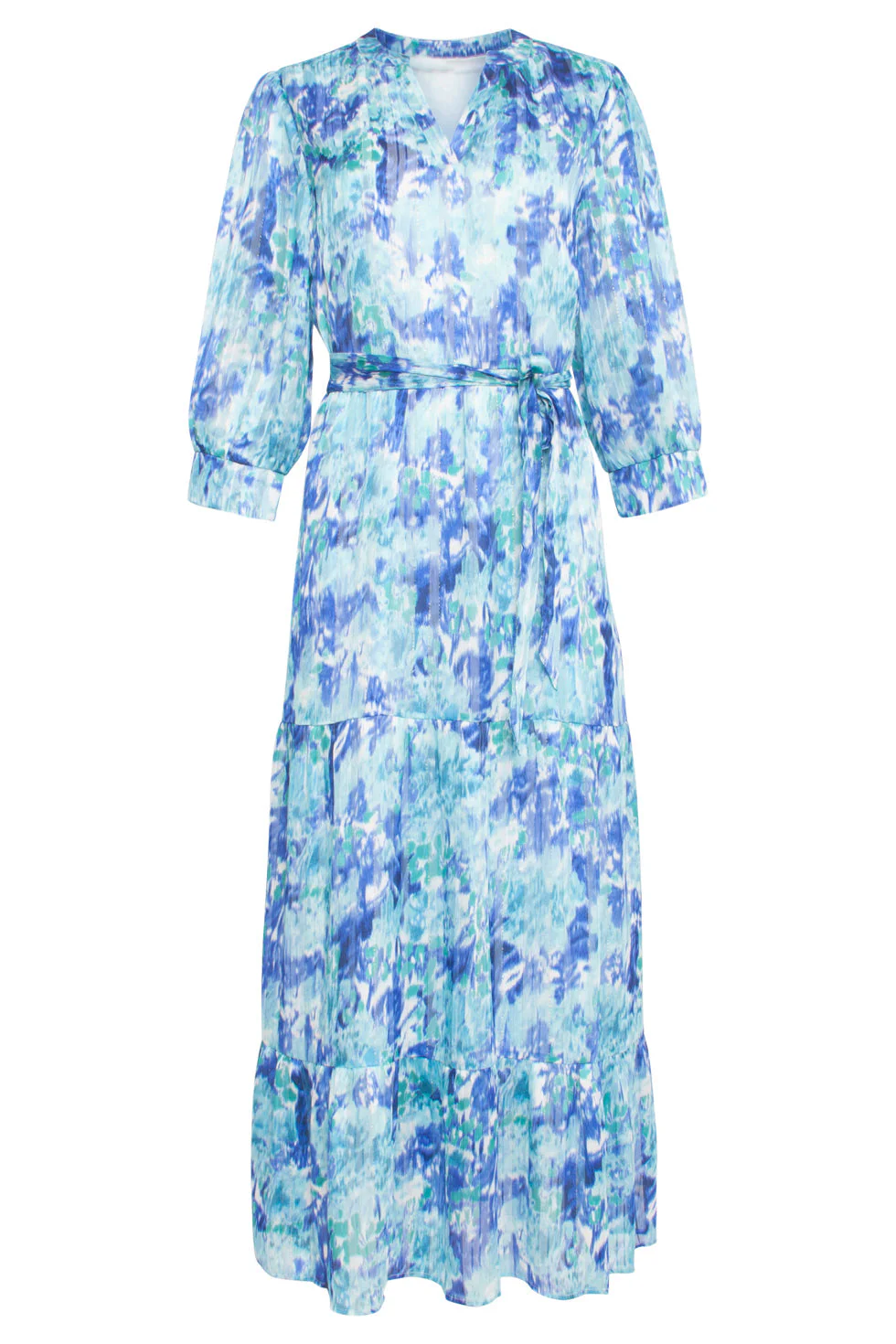 24408 Satijnen Maxi Jurk Met Abstracte Print3/4 Mouwen | White - Cobalt - Image 2