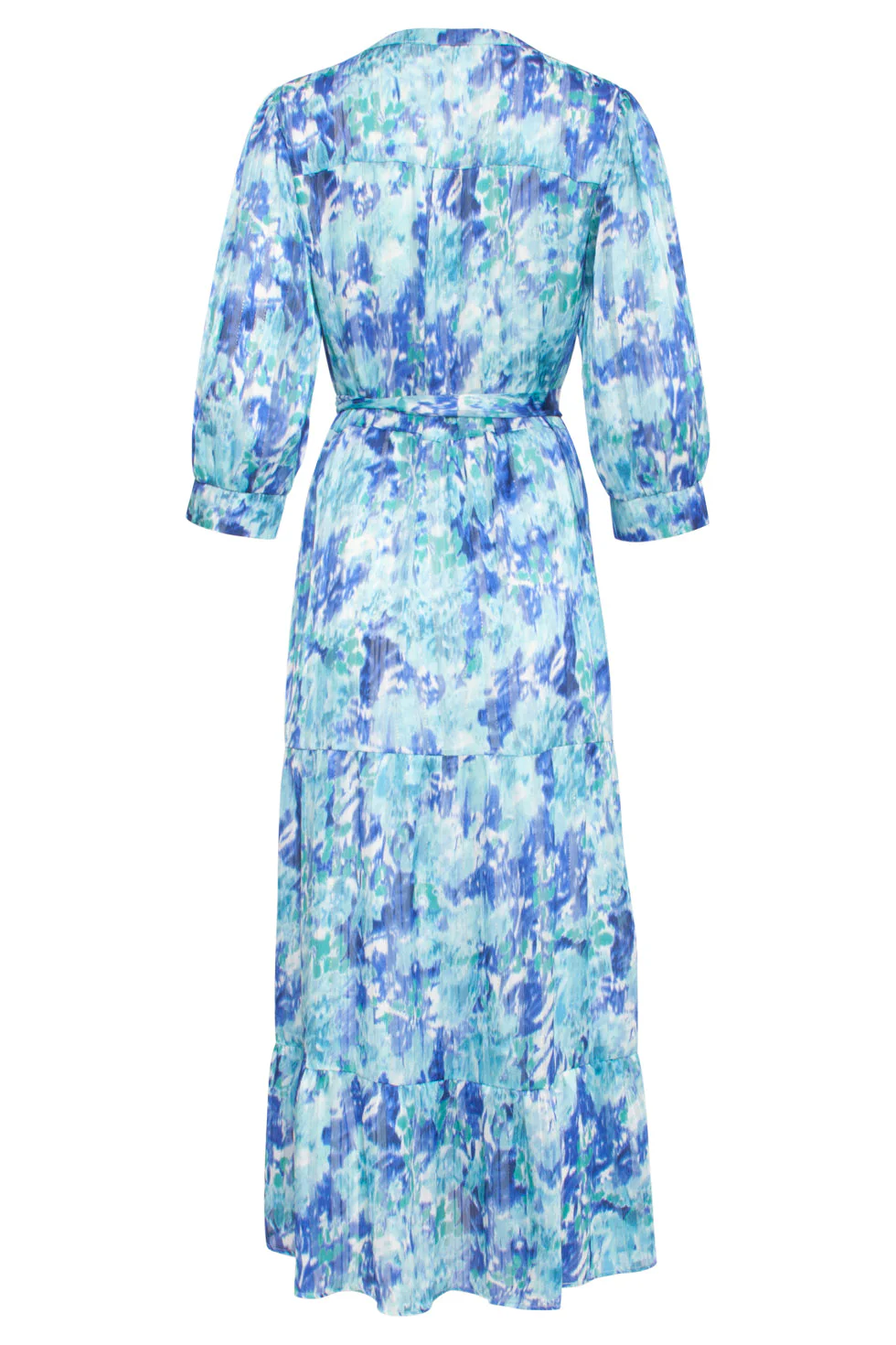 24408 Satijnen Maxi Jurk Met Abstracte Print3/4 Mouwen | White - Cobalt - Image 7