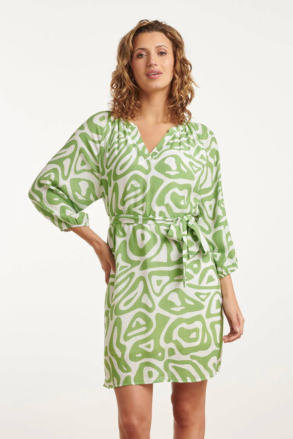 25005 Crinkle Jurk Met Lichtte Abstracte Print | Light Green - White