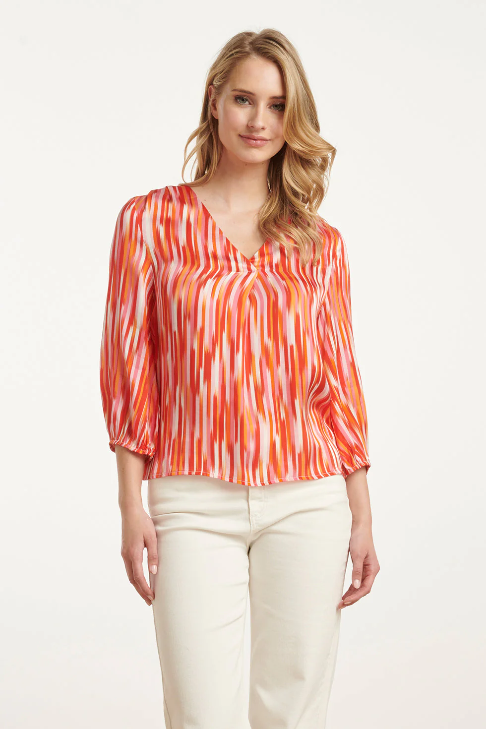 25008 Gestreepte V-Hals Satijn Top | Red - Muticolour