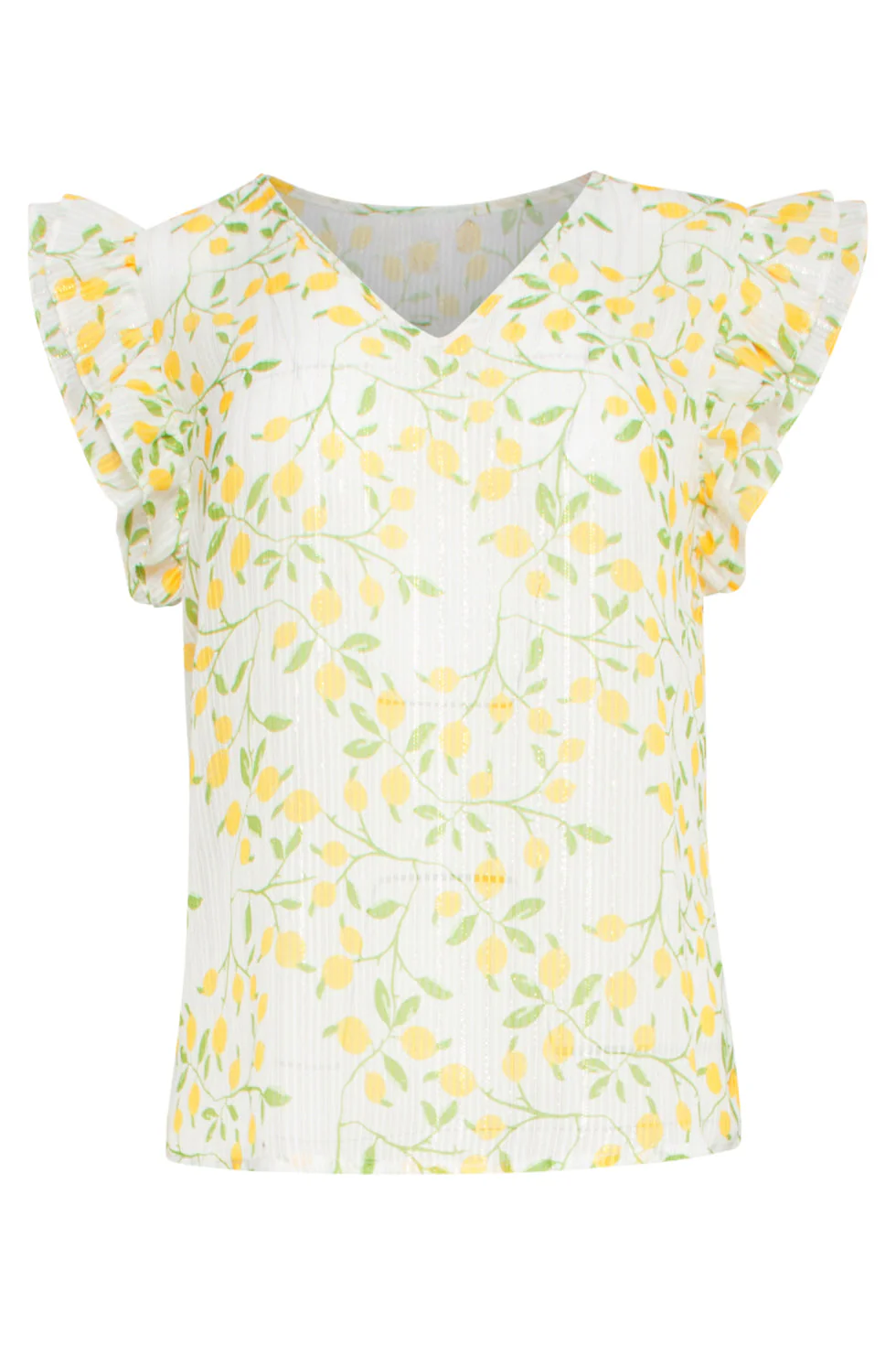 25012 Chiffon Top Met Frilly Mouwencitroenprint | White - Muticolour - Image 2