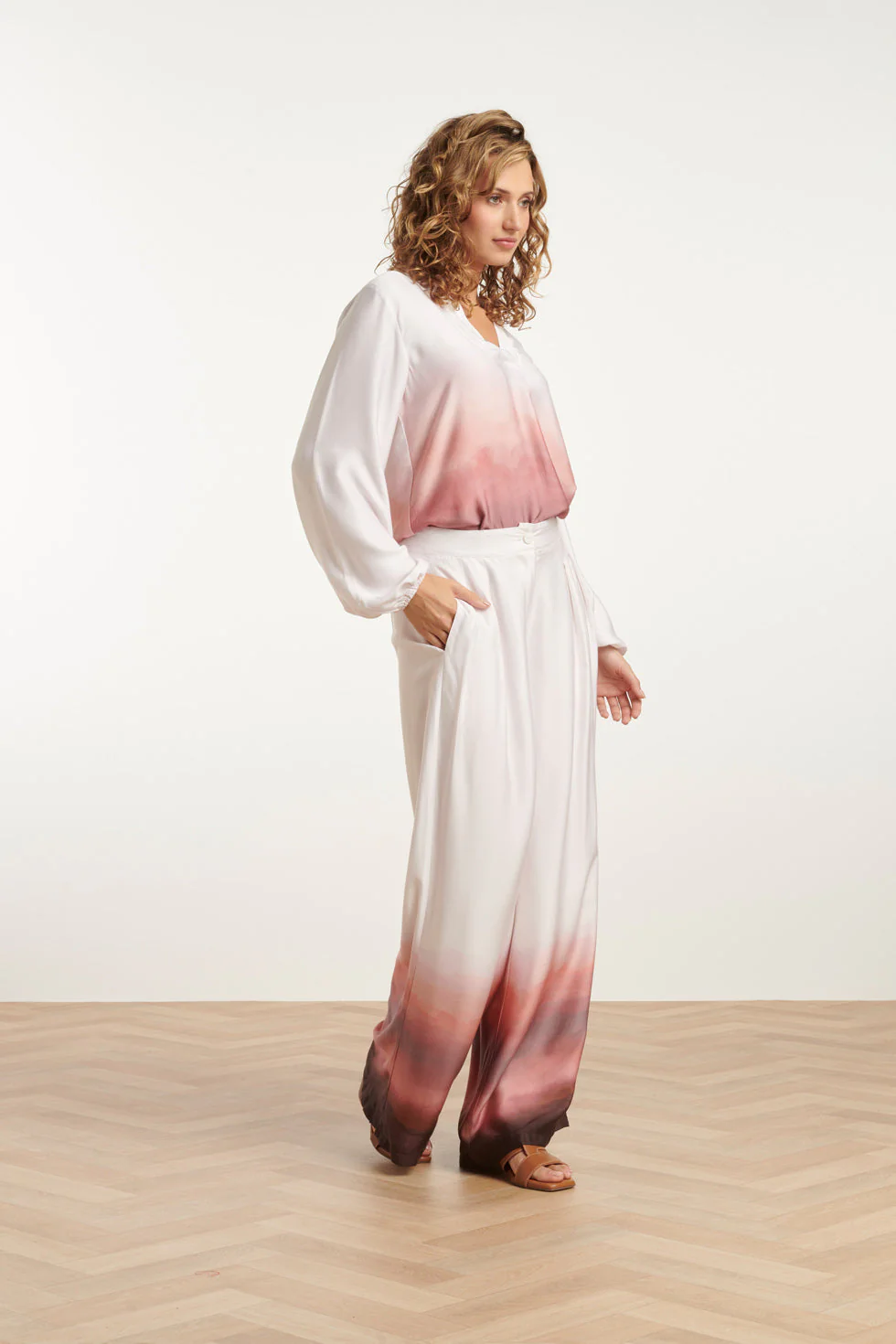 25018 Wide Leg Broekvintage Mauve Ombre | Off White - Old Pink - Image 4