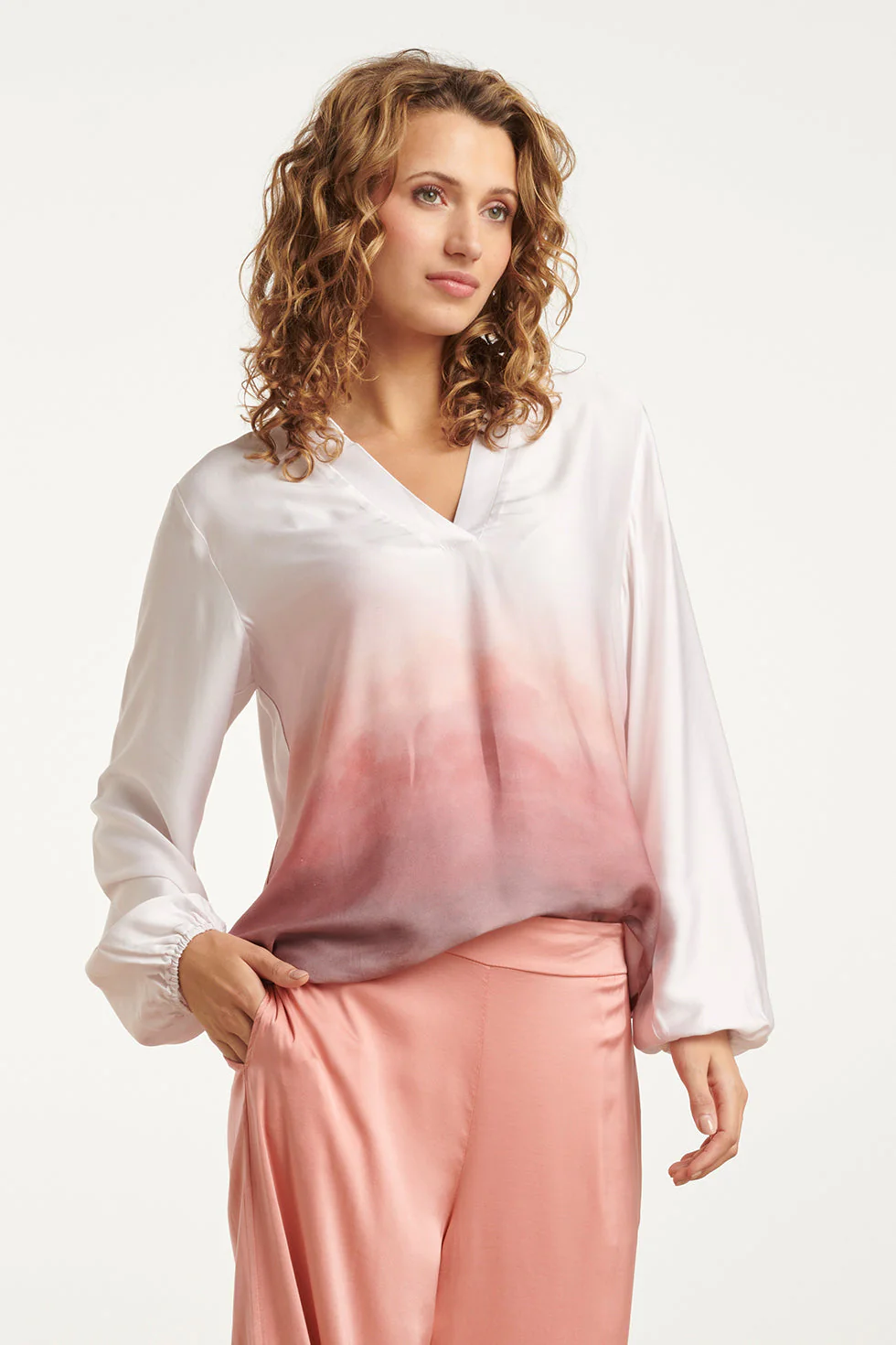 25020 Top Met Kraagvintage Mauve Ombre Print | Off White - Old Pink - Image 4