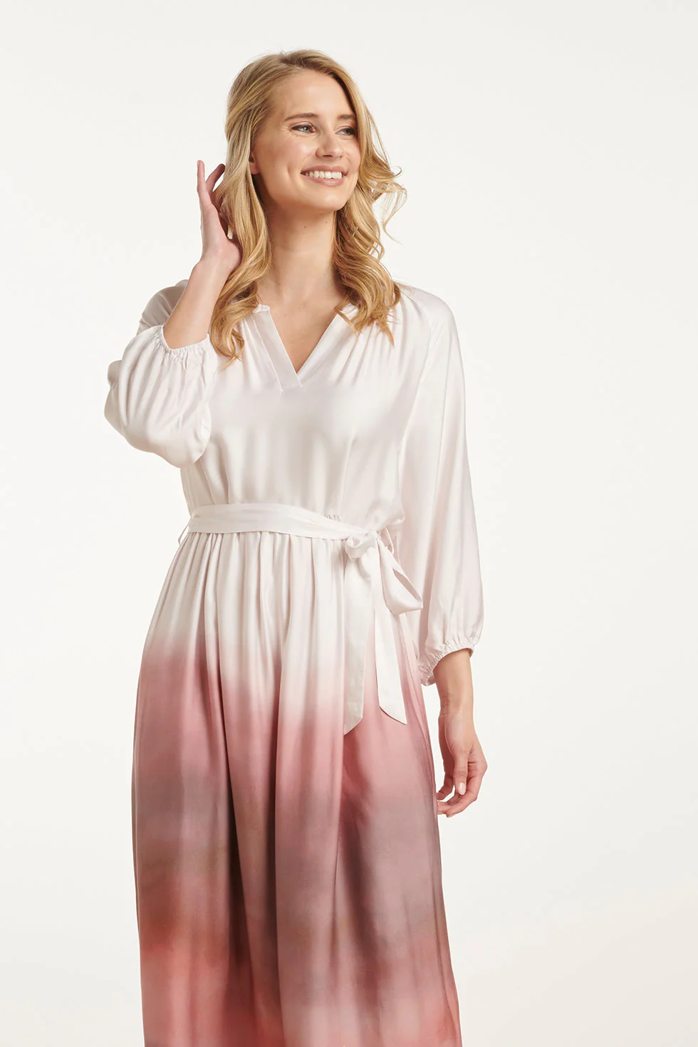 25021 Maxi Jurk Met Vintage Mauve Ombre Print | Off White - Old Pink - Image 3