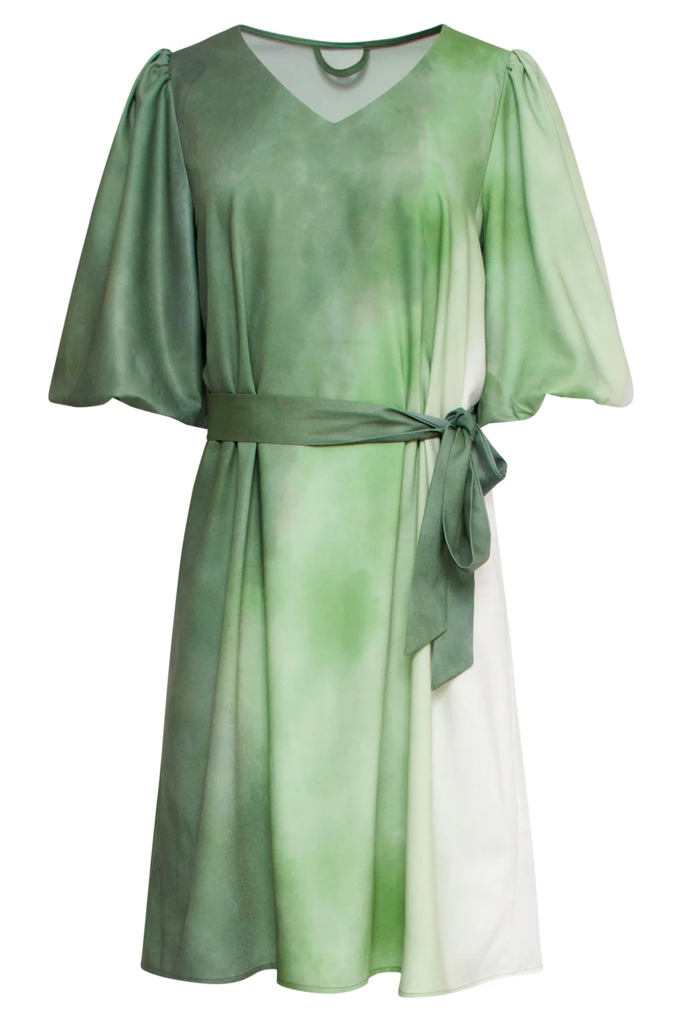25022 V-Vormige Jurk Met Ballonmouwen Ombre Print | Off White - Light Green - Image 2