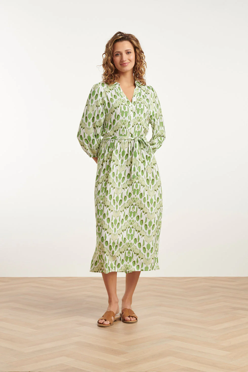 25032 V-Hals Midi Jurk Met Slangenprint | White - Light Green