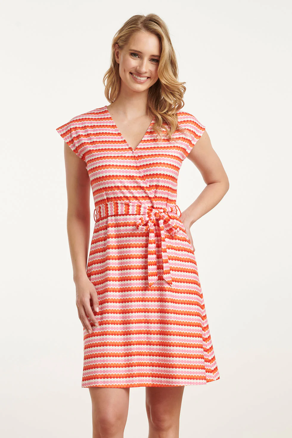 25037 V-Hals Overlapped Korte Jurk Met Grafische Dots, | Muticolour
