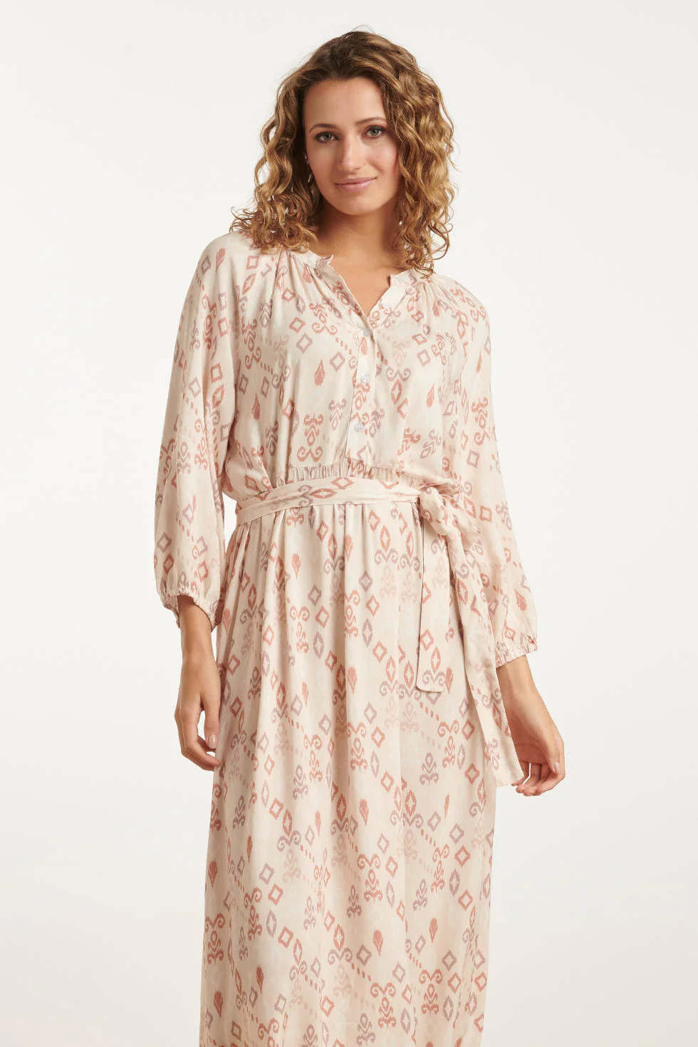 25042 Lichte Maxi Jurk Met V-Halsaztec Print-Nude  Tinten | Sand - Muticolour - Image 3