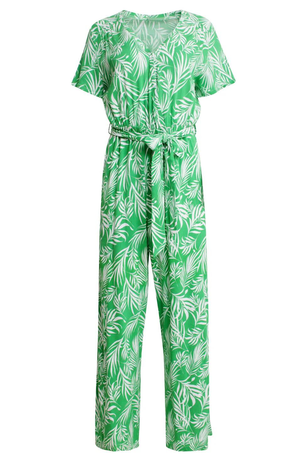 25046 Stretch Jumpsuit Met V-Halsbladprint | Green - White - Image 2