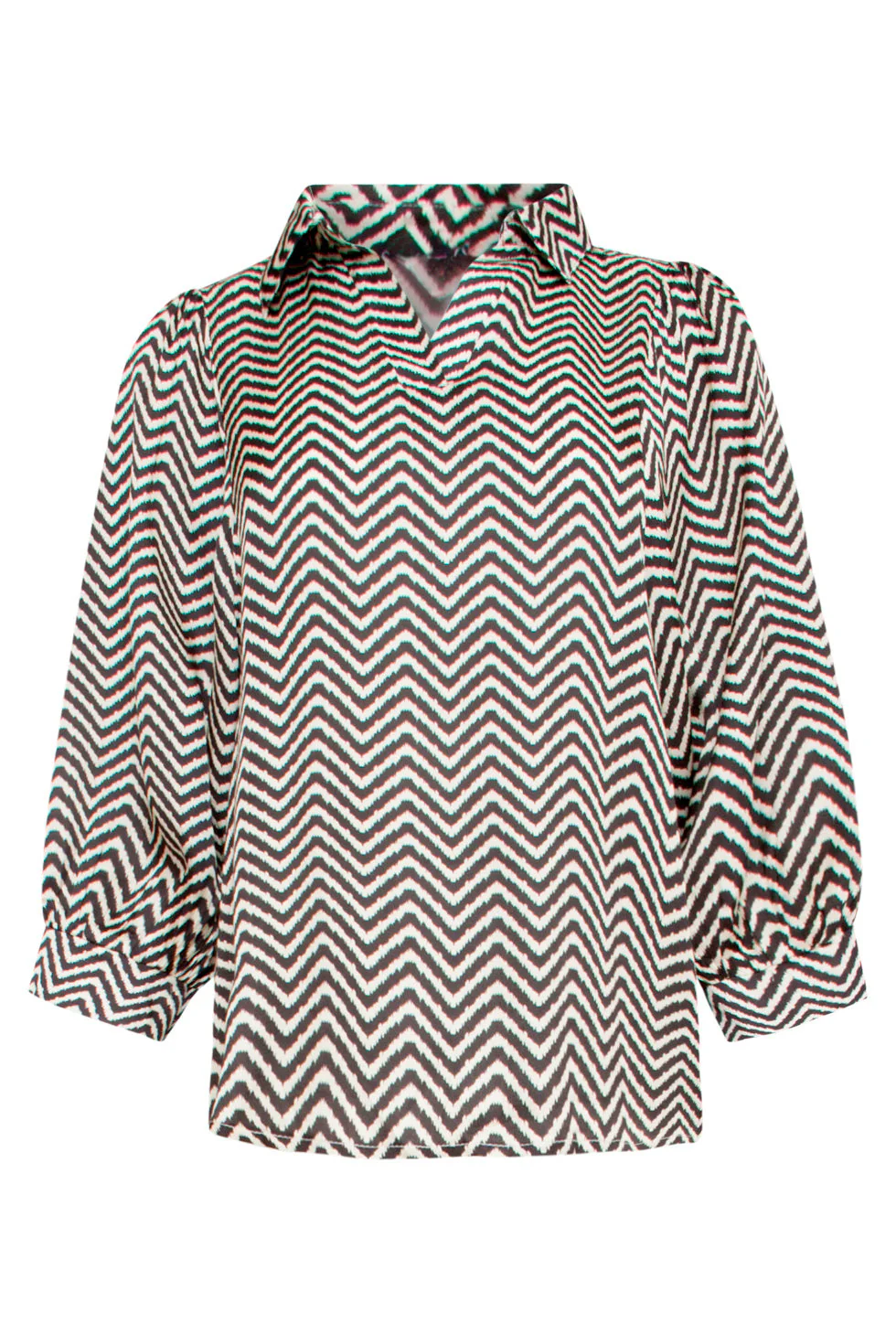 25049  Zigzag Print Top Met Kraag3/4 Puff Mouwen | Off White - Black - Image 2