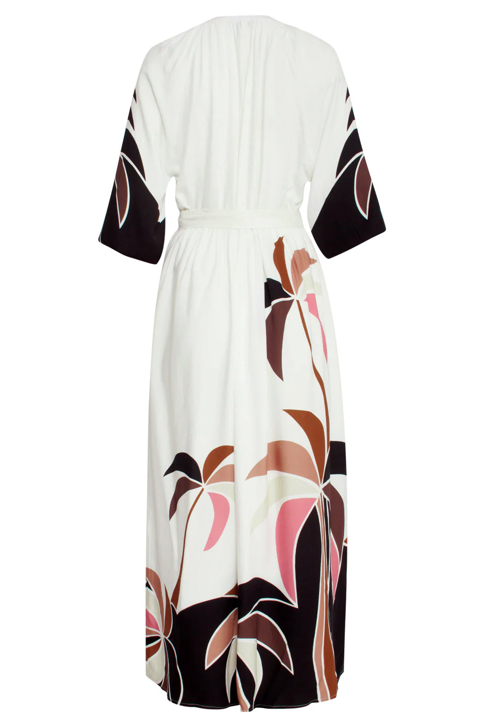 25057 Off White Flowy Maxi Jurk Met Mauve  Palm Print | Sand - Muticolour - Image 7