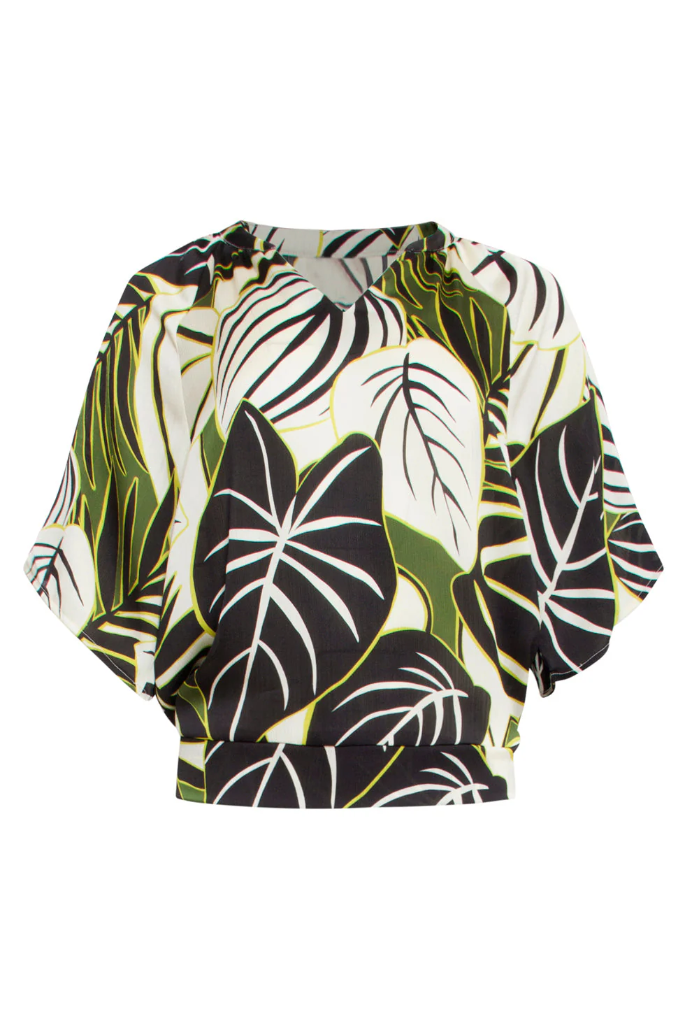 25071 Leaf Print Chiffon Top Met V-Halsflared Mouwen | Green - Muticolour - Image 2