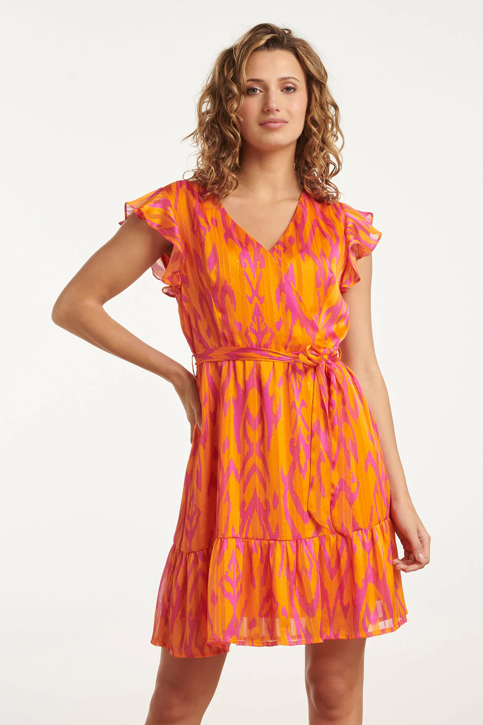 25075 Orange Aztec Print Chiffon Frilly Jurk | Orange - Pink
